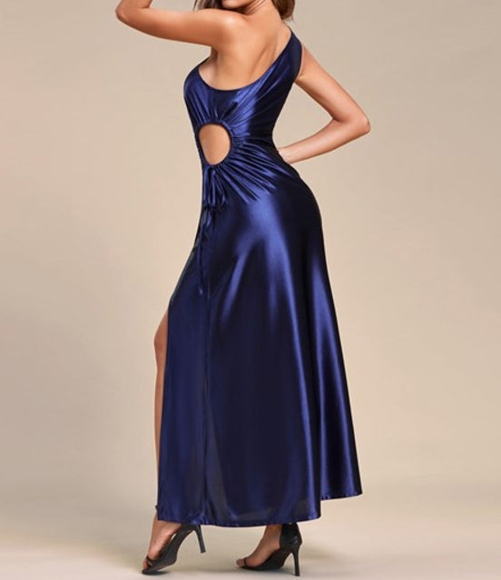 Navy Blue Prom Dresses Hot One Shoulder Pleated Bare Waist Wholesale Stains