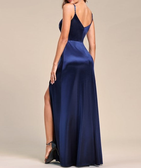Navy Blue Prom Dresses Spaghetti Straps Side Split Wholesale Stain