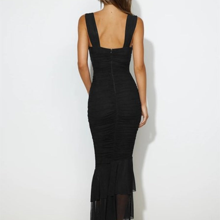 Black Long Fishtail Skirt Summer Women Prom Dress Slim Fit Solid For Prom Pleated V-Neck Formal