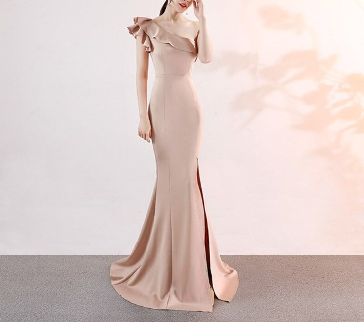 Apricot New Mermaid Satin Long Gown Apricot One Shoulder Side Slit Formal Prom Dress