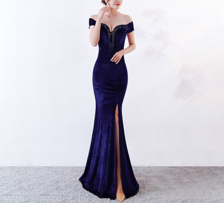 Dark Blue New Velour Mermaid Long Gown Prom Banquet Prom Dress