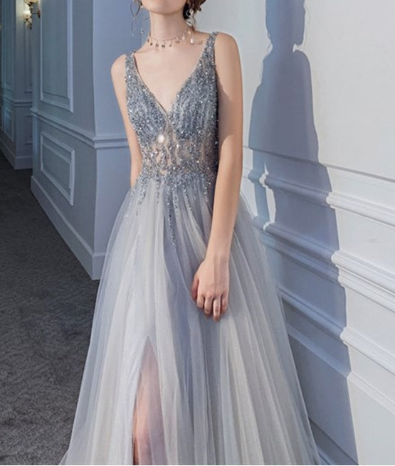Gray Gray Beaded V-Neck Backless Split A-Line Prom Dress