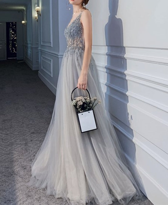 Gray Gray Beaded V-Neck Backless Split A-Line Prom Dress