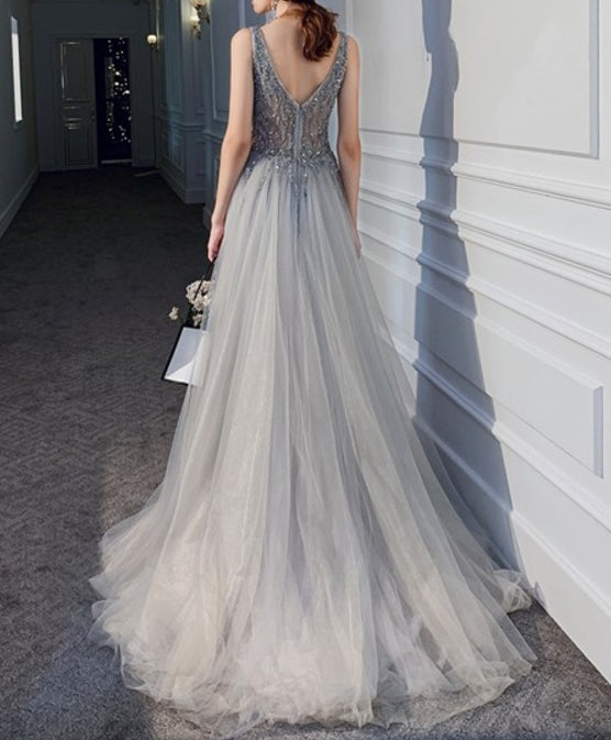 Gray Gray Beaded V-Neck Backless Split A-Line Prom Dress