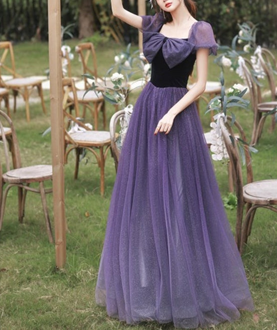 Purple Evening Gowns Mesh Prom Dresses Puff Sleeves Big Bow Dreamy High Quality Lace Purple