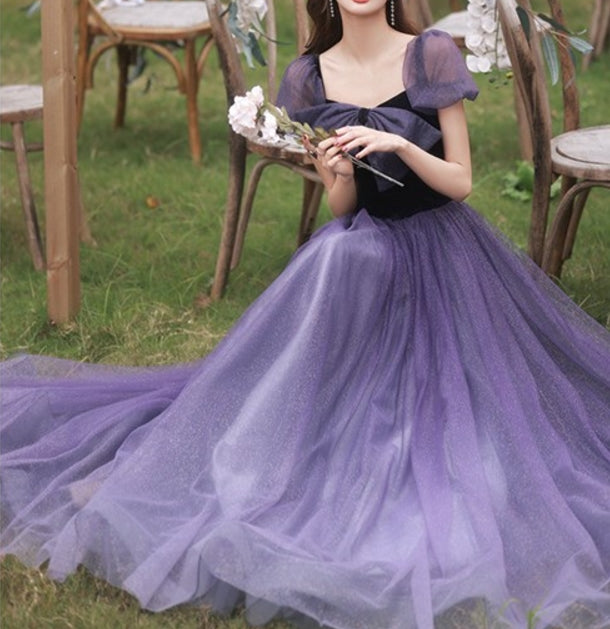 Purple Evening Gowns Mesh Prom Dresses Puff Sleeves Big Bow Dreamy High Quality Lace Purple