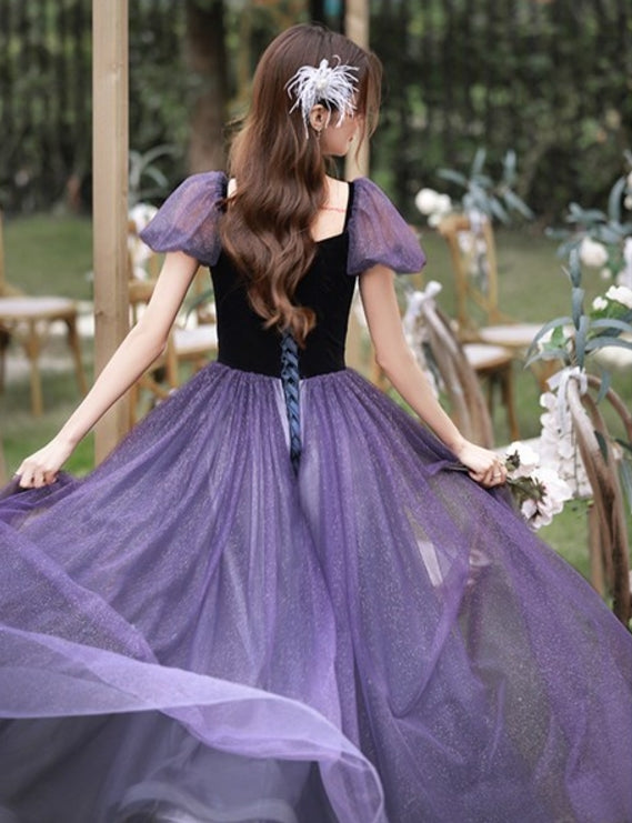Purple Evening Gowns Mesh Prom Dresses Puff Sleeves Big Bow Dreamy High Quality Lace Purple