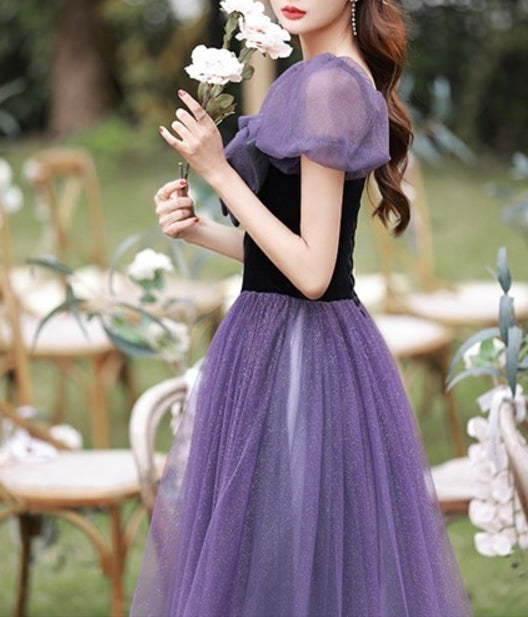 Purple Evening Gowns Mesh Prom Dresses Puff Sleeves Big Bow Dreamy High Quality Lace Purple