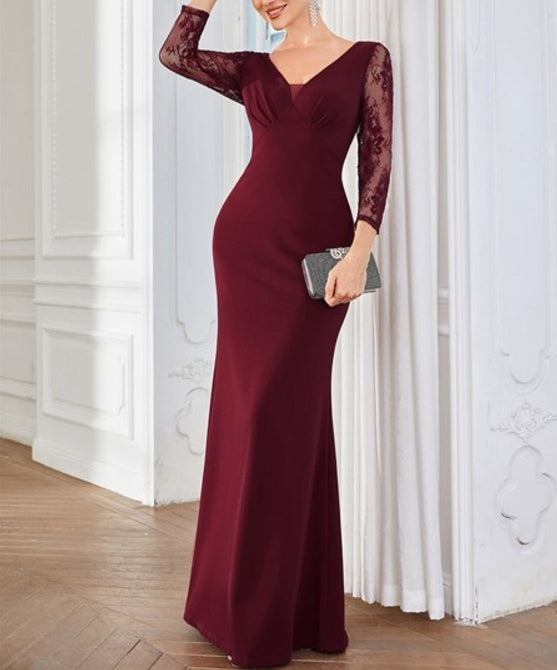 Burgundy Deep V Neck A Line See Through Sleeves Wholesale Prom Dresses