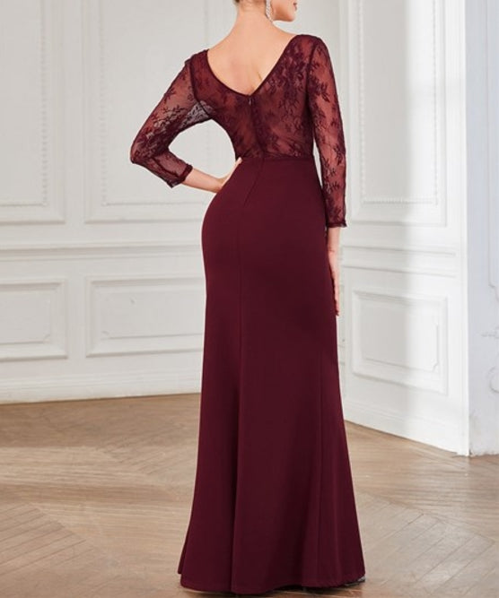 Burgundy Deep V Neck A Line See Through Sleeves Wholesale Prom Dresses