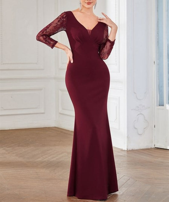 Burgundy Deep V Neck A Line See Through Sleeves Wholesale Prom Dresses