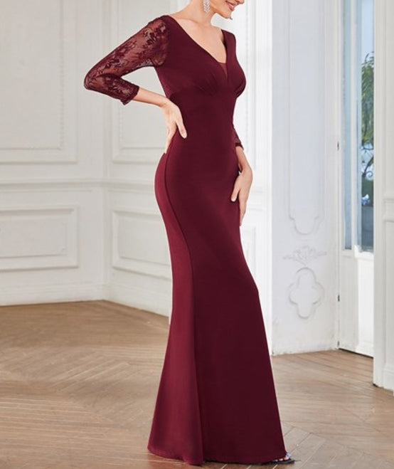 Burgundy Deep V Neck A Line See Through Sleeves Wholesale Prom Dresses