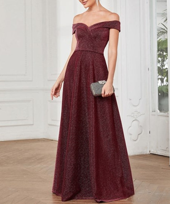 Burgundy Shiny Off Shoulders Deep V Neck A Line Wholesale Prom Dresses