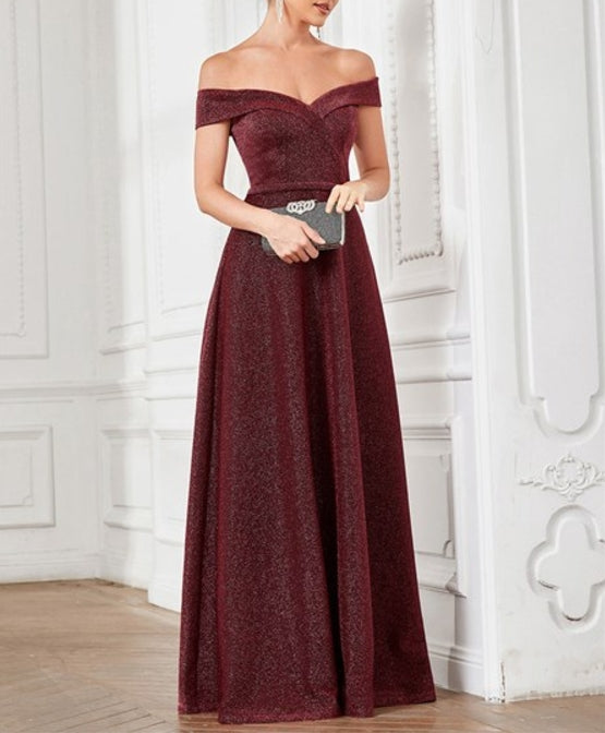 Burgundy Shiny Off Shoulders Deep V Neck A Line Wholesale Prom Dresses