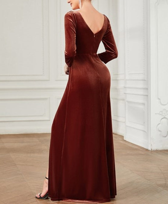 Brick-Red Shiny Long Sleeves Deep V Neck A Line Wholesale Prom Dresses