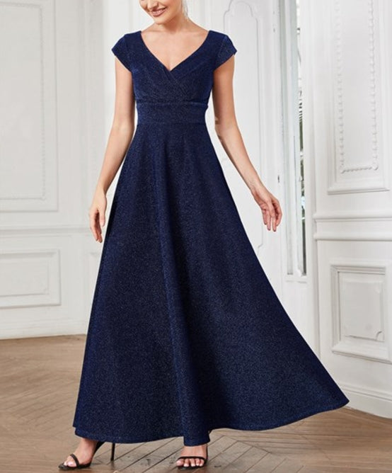 Navy Blue Deep V Neck Floor Length A Line Sleeveless Wholesale Prom Dresses