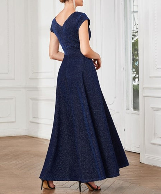 Navy Blue Deep V Neck Floor Length A Line Sleeveless Wholesale Prom Dresses