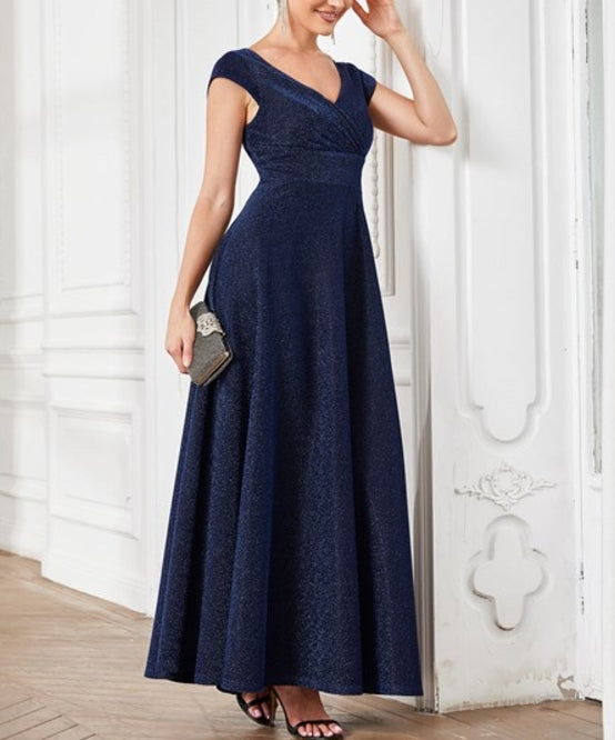 Navy Blue Deep V Neck Floor Length A Line Sleeveless Wholesale Prom Dresses