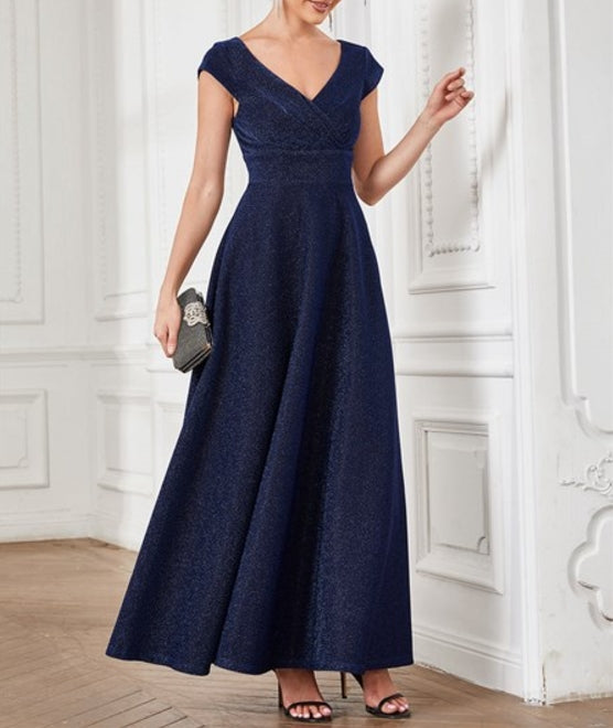 Navy Blue Deep V Neck Floor Length A Line Sleeveless Wholesale Prom Dresses