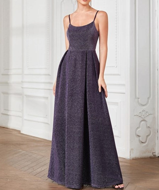 Dark Purple Shiny Spaghetti Straps U Neck A Line Wholesale Prom Dresses