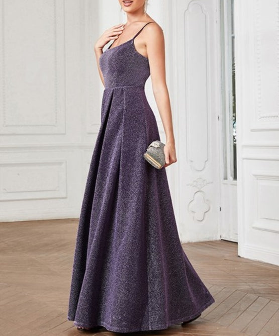 Dark Purple Shiny Spaghetti Straps U Neck A Line Wholesale Prom Dresses