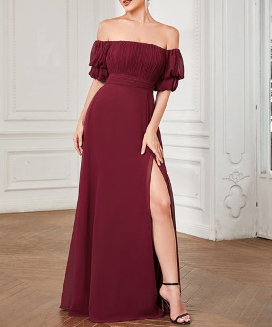 Burgundy Off Shoulders Short Puff Sleeves Split Wholesale Prom Dresses