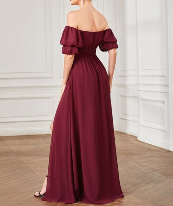 Burgundy Off Shoulders Short Puff Sleeves Split Wholesale Prom Dresses