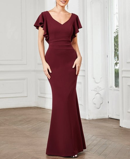 Burgundy Short Ruffles Sleeves Fishtail Deep V Neck Wholesale Prom Dresses