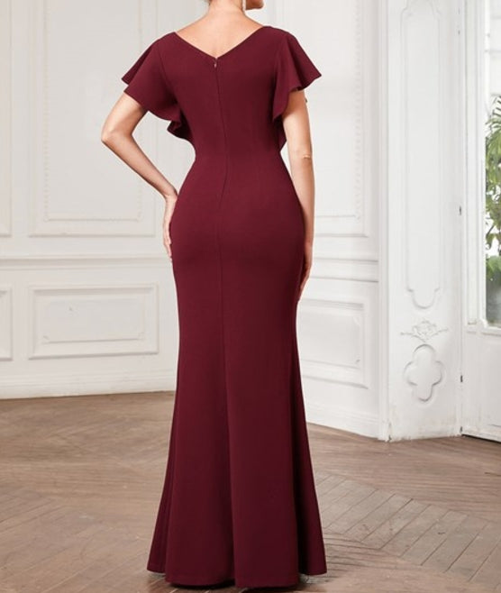 Burgundy Short Ruffles Sleeves Fishtail Deep V Neck Wholesale Prom Dresses