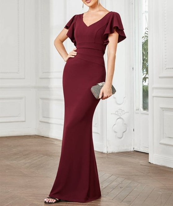 Burgundy Short Ruffles Sleeves Fishtail Deep V Neck Wholesale Prom Dresses