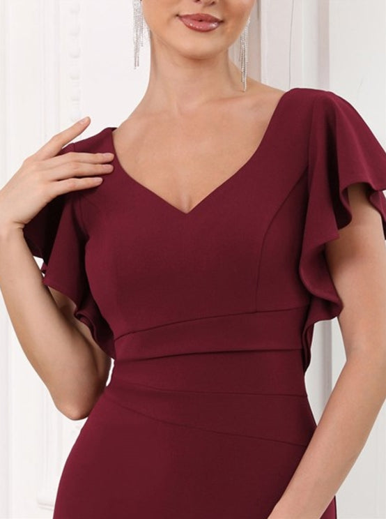 Burgundy Short Ruffles Sleeves Fishtail Deep V Neck Wholesale Prom Dresses