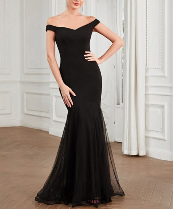 Black V Neck Floor Length Off Shoulders Fishtail Wholesale Prom Dresses