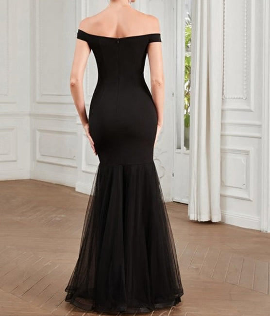 Black V Neck Floor Length Off Shoulders Fishtail Wholesale Prom Dresses