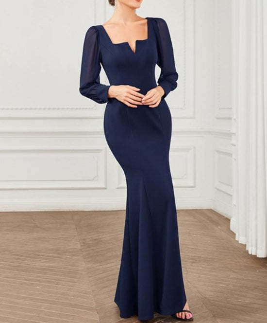 Navy Blue Square Neckline Long Sleeves A Line Wholesale Prom Dresses