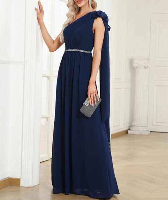 Navy Blue Asymmetric Shoulder Sleeveless A Line Wholesale Prom Dresses
