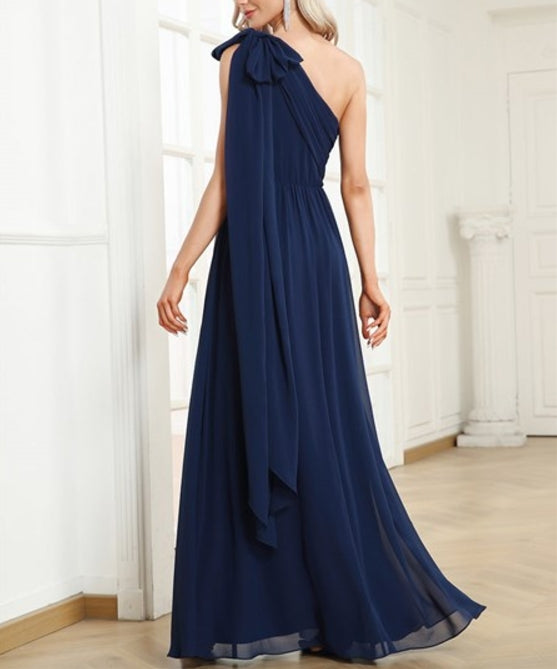 Navy Blue Asymmetric Shoulder Sleeveless A Line Wholesale Prom Dresses