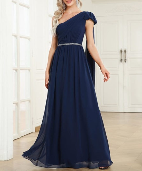 Navy Blue Asymmetric Shoulder Sleeveless A Line Wholesale Prom Dresses