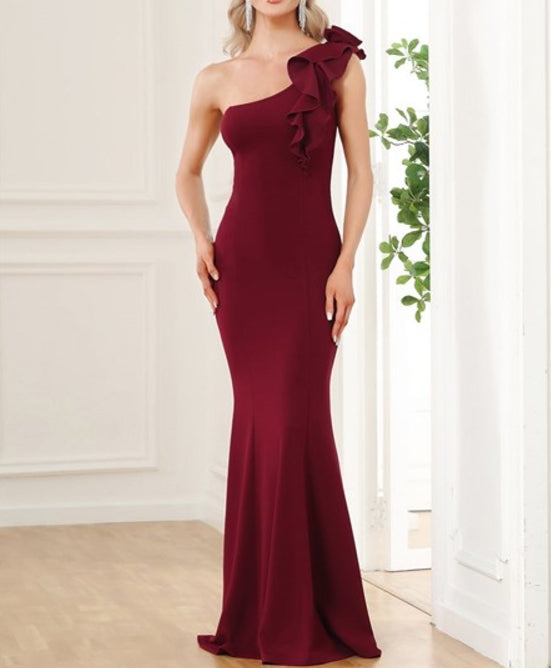 Burgundy One Shoulder A Line Floor Length Wholesale Prom Dresses