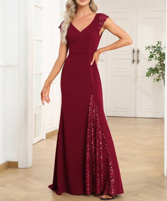 Burgundy Sleeveless Deep V Neck Fishtail Floor Length Wholesale Prom Dresses