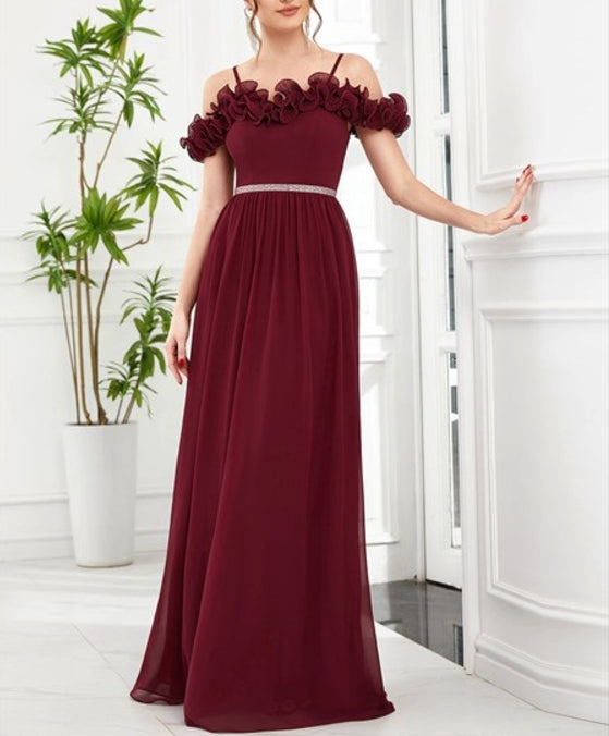 Burgundy Wholesale Prom Dress Ruffled Spaghetti Strap Off Shoulder Chiffon