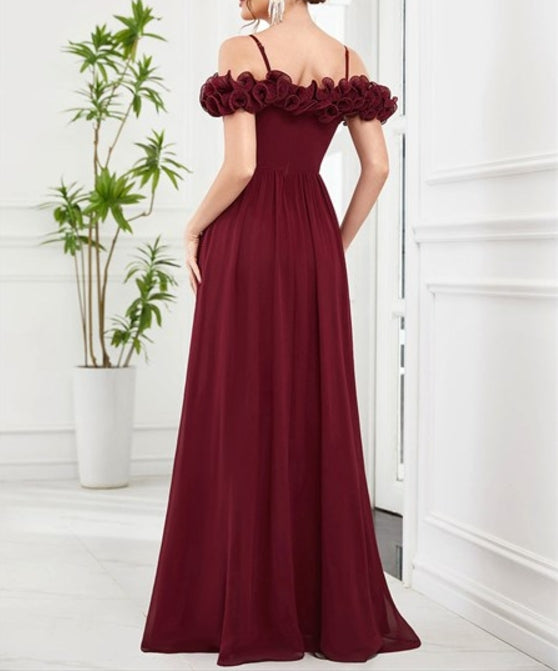 Burgundy Wholesale Prom Dress Ruffled Spaghetti Strap Off Shoulder Chiffon