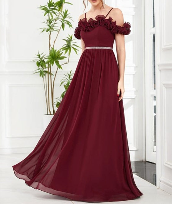 Burgundy Wholesale Prom Dress Ruffled Spaghetti Strap Off Shoulder Chiffon