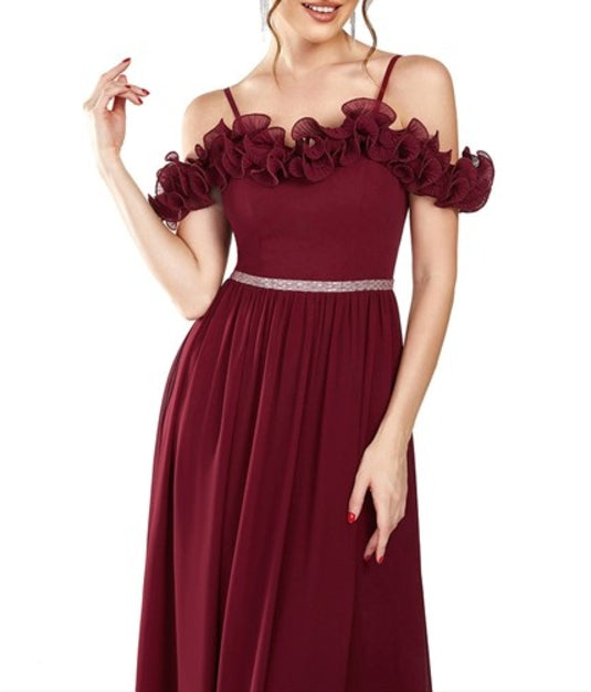 Burgundy Wholesale Prom Dress Ruffled Spaghetti Strap Off Shoulder Chiffon