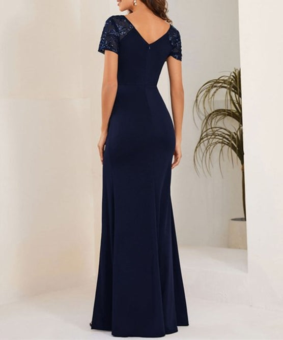 Navy Blue Deep-V Side Split Appliques Ruched Belt Wholesale Prom Dress