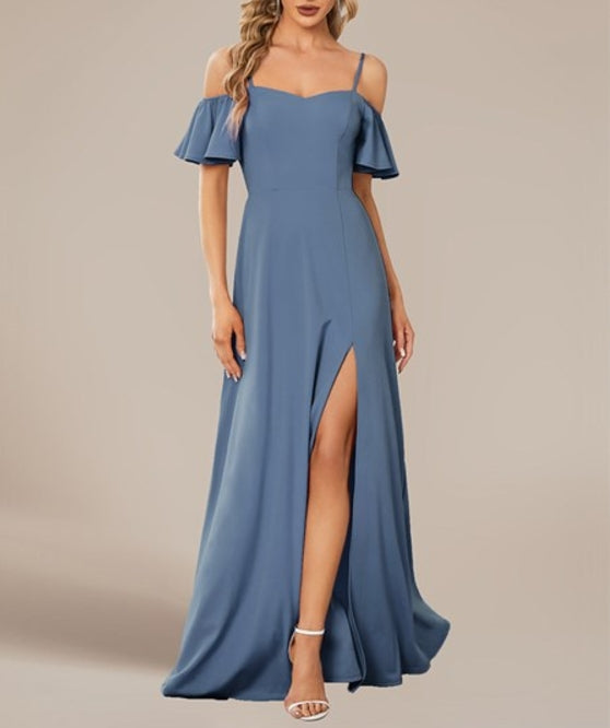 Dusty Navy Prom Dresses Off Shoulder Floor Length A Line Sleeveless Wholesale Knitted