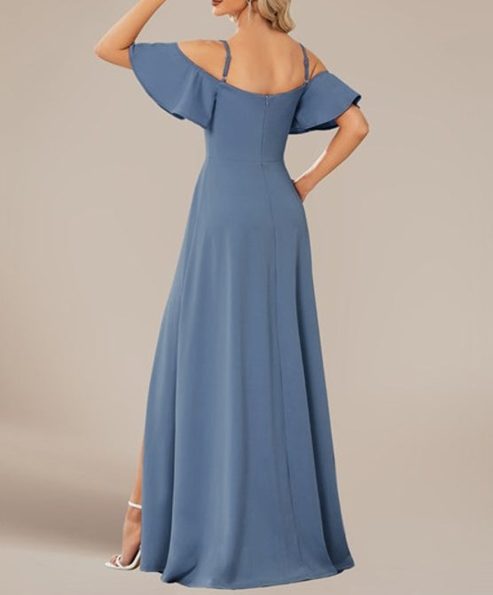 Dusty Navy Prom Dresses Off Shoulder Floor Length A Line Sleeveless Wholesale Knitted