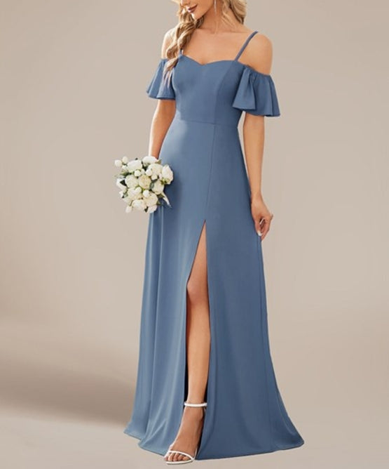 Dusty Navy Prom Dresses Off Shoulder Floor Length A Line Sleeveless Wholesale Knitted