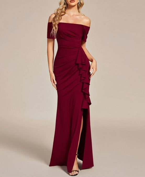 Burgundy Off Shoulder Split Ruched Wholesale Prom Dresses