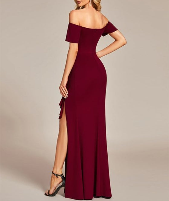 Burgundy Off Shoulder Split Ruched Wholesale Prom Dresses