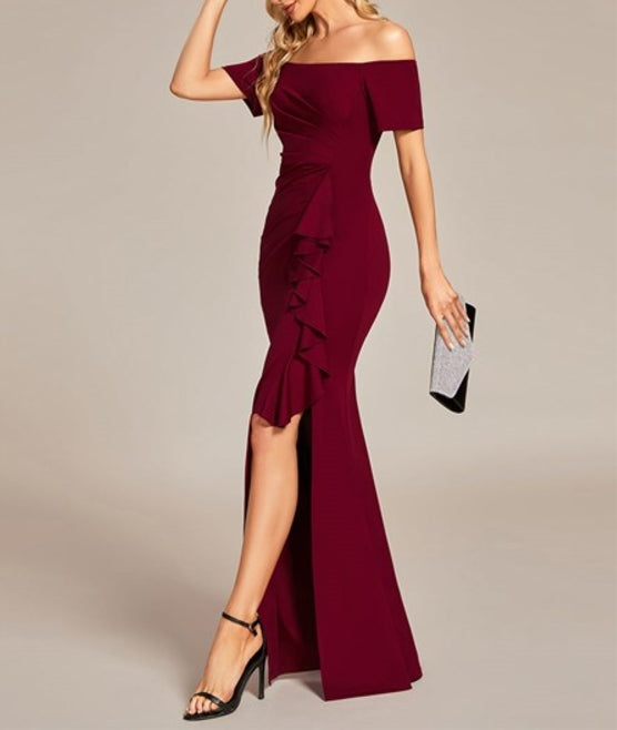 Burgundy Off Shoulder Split Ruched Wholesale Prom Dresses